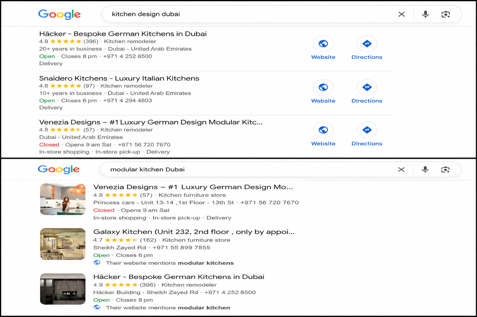 Venezia Designs Google Maps ranking modular kitchen Dubai — local SEO results