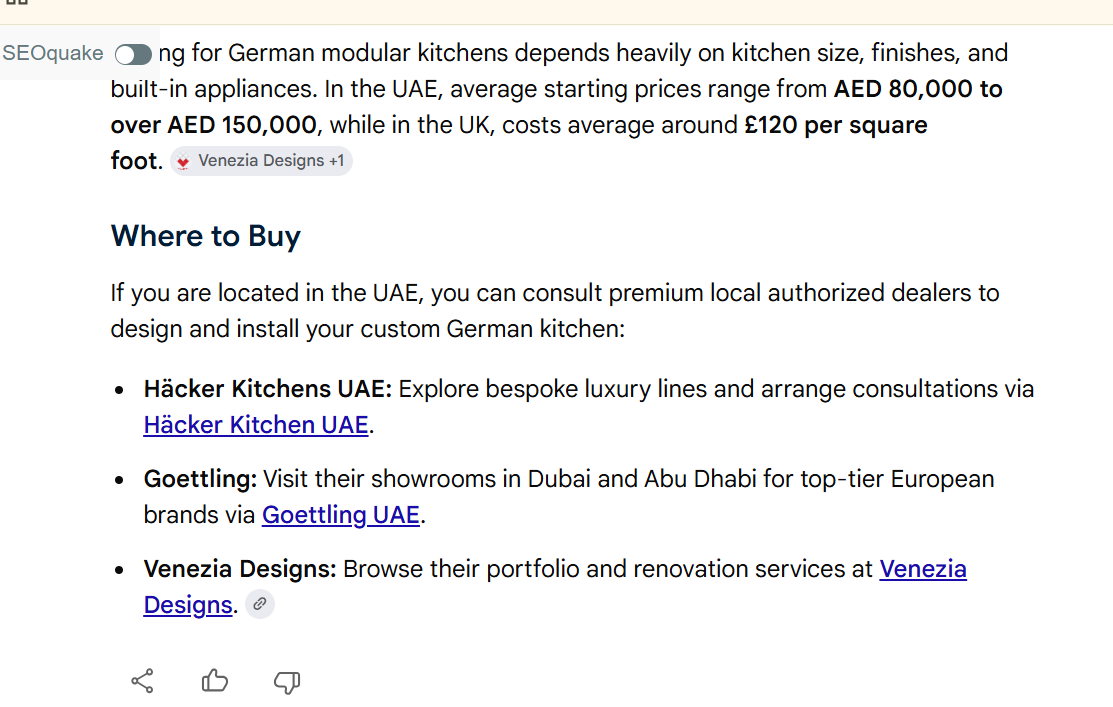 Venezia Designs featured in Google AI Overview — digital marketing agency for interior design Dubai UAE