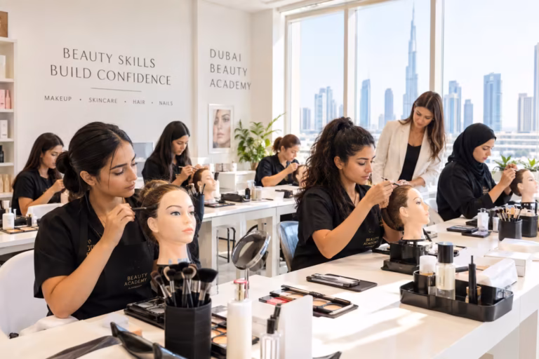 Beauty academy classroom in UAE with students practicing makeup and skincare techniques during a beauty course
