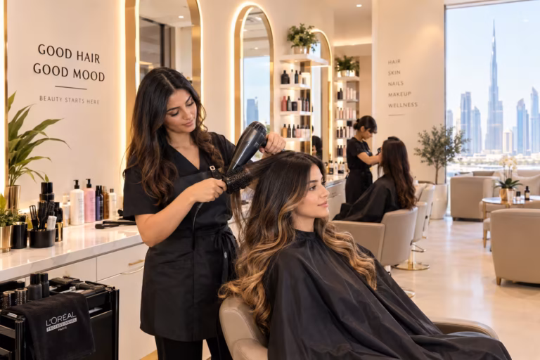 beauty salon marketing ideas - modern salon interior with hairstylist attending client in UAE
