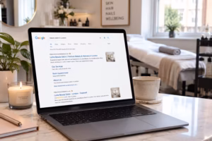 SEO for beauty salons - laptop showing salon website Google search ranking results