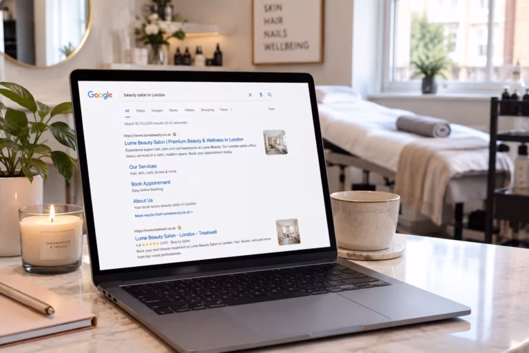 SEO for beauty salons - laptop showing salon website Google search ranking results