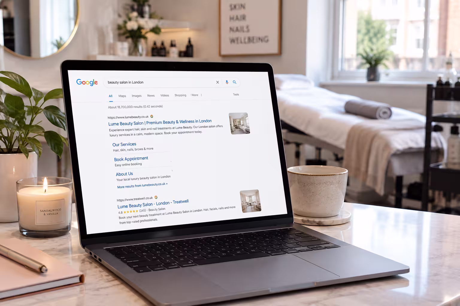 SEO for beauty salons - laptop showing salon website Google search ranking results